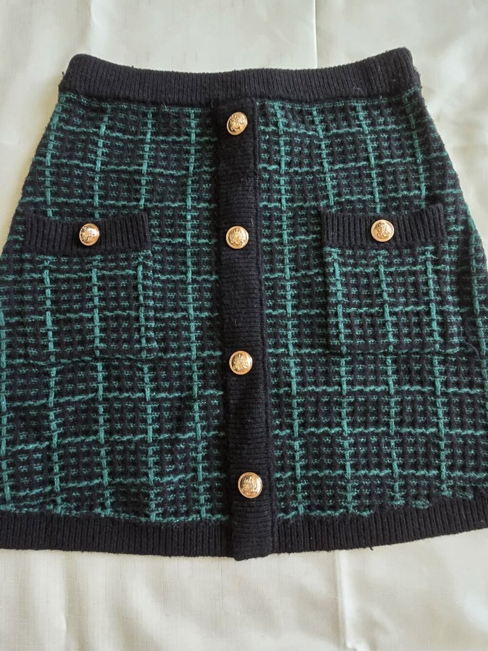 SUNCOO PARIS Jupe Falone Knit Tweed Skirt Merino Wool Navy Green Size T1